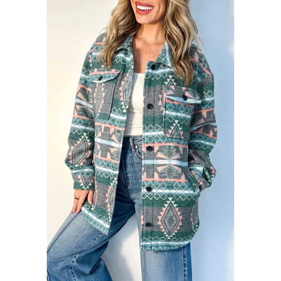Green Geometric Print Button Front Long Sleeve Shacket Outerwear/Jackets