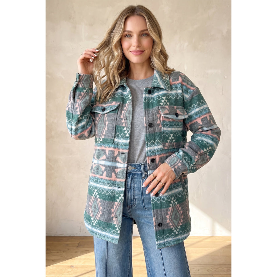 Green Geometric Print Button Front Long Sleeve Shacket Outerwear/Jackets