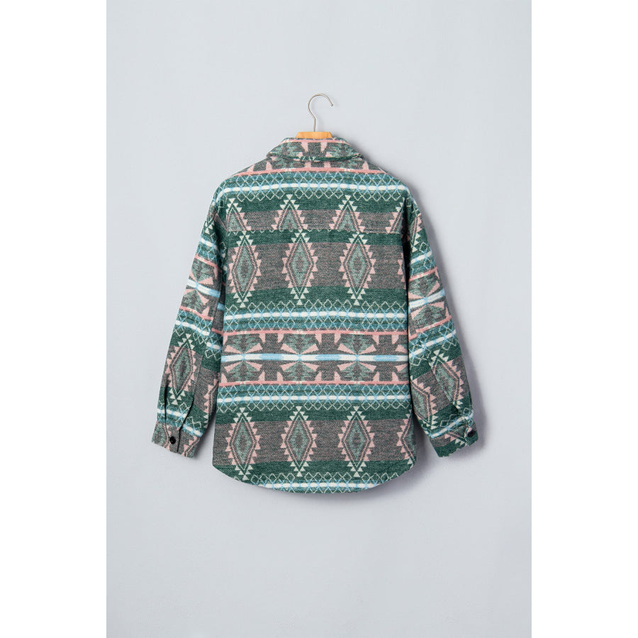 Green Geometric Print Button Front Long Sleeve Shacket Outerwear/Jackets