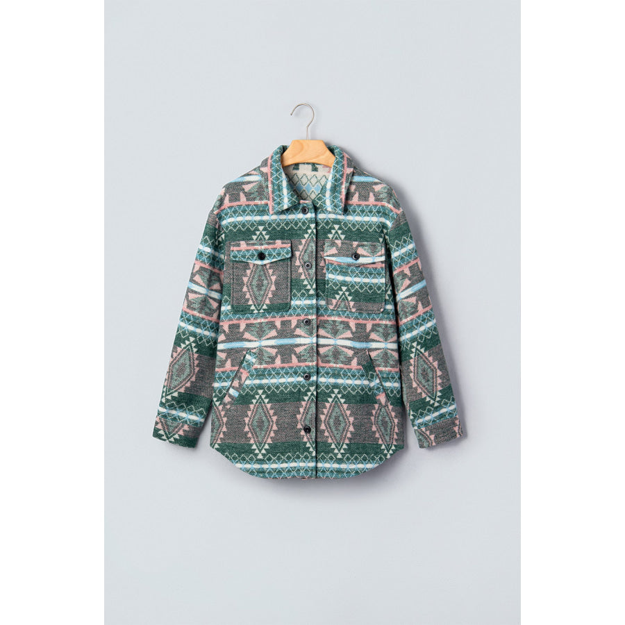 Green Geometric Print Button Front Long Sleeve Shacket Outerwear/Jackets