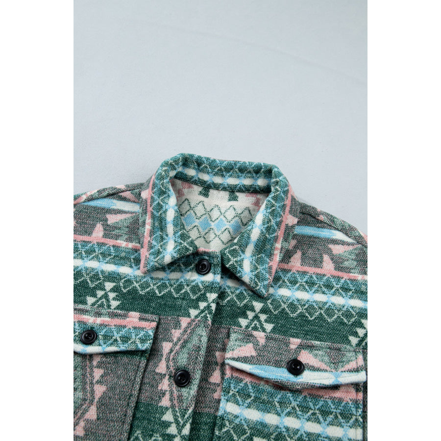 Green Geometric Print Button Front Long Sleeve Shacket Outerwear/Jackets