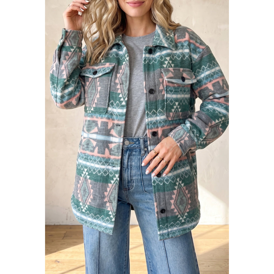 Green Geometric Print Button Front Long Sleeve Shacket Outerwear/Jackets