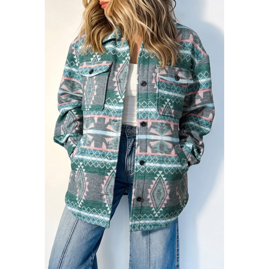 Green Geometric Print Button Front Long Sleeve Shacket Green / S / 100% Polyester Outerwear/Jackets