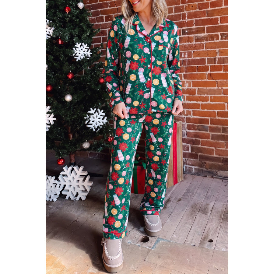 Green Holiday Print Pocket Detail Long Sleeve Collar Lounge Set Loungewear & Sleepwear/Loungewear