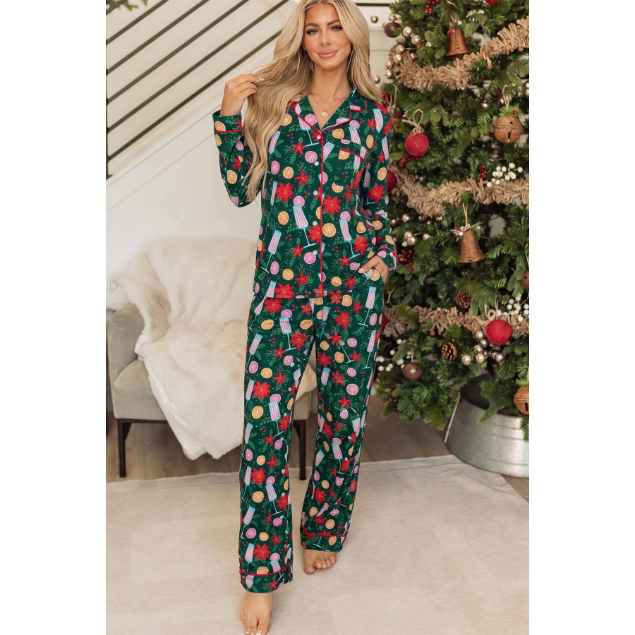 Green Holiday Print Pocket Detail Long Sleeve Collar Lounge Set Loungewear & Sleepwear/Loungewear