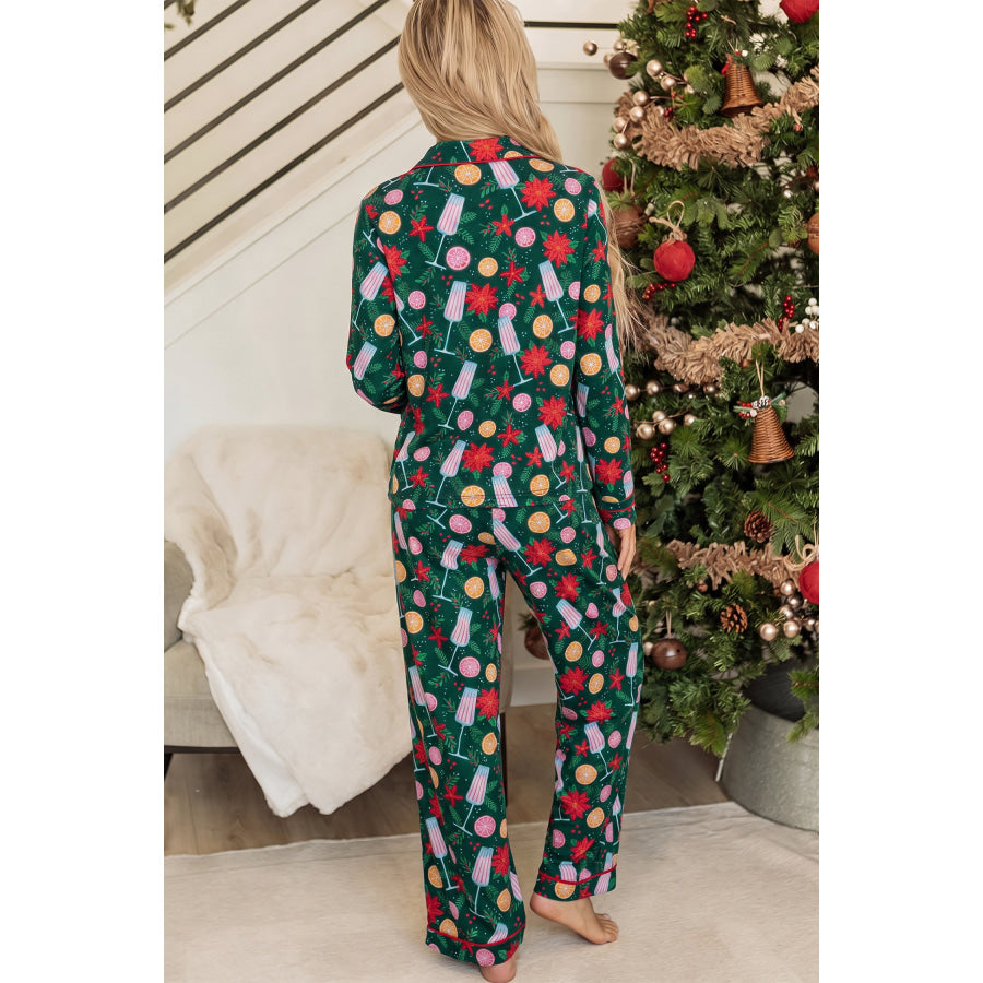 Green Holiday Print Pocket Detail Long Sleeve Collar Lounge Set Loungewear & Sleepwear/Loungewear