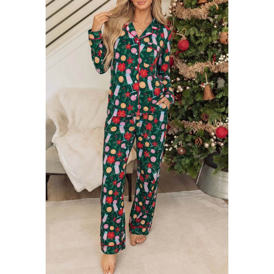 Green Holiday Print Pocket Detail Long Sleeve Collar Lounge Set / S / 95% Polyester + 5% Elastane Loungewear & Sleepwear/Loungewear