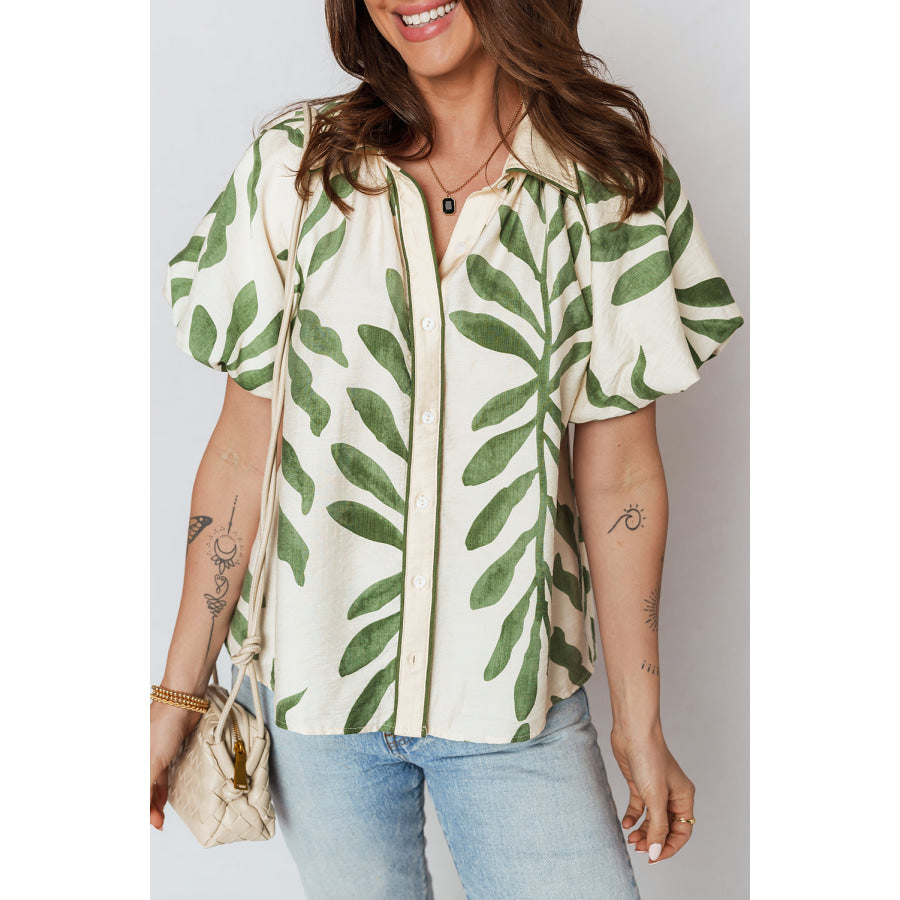 Green Leaf Print Short Balloon Sleeve Shirt Green / S / 89% Viscose + 11% Polyamide Tops/Blouses & Shirts