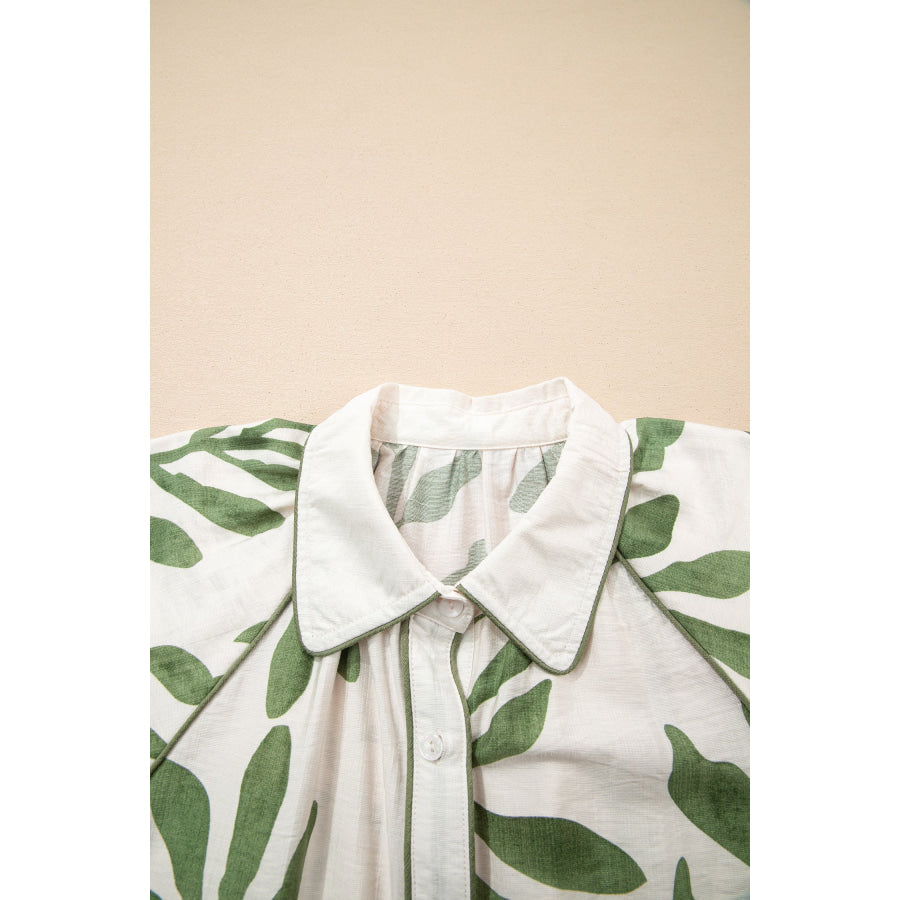Green Leaf Print Short Balloon Sleeve Shirt Tops/Blouses & Shirts