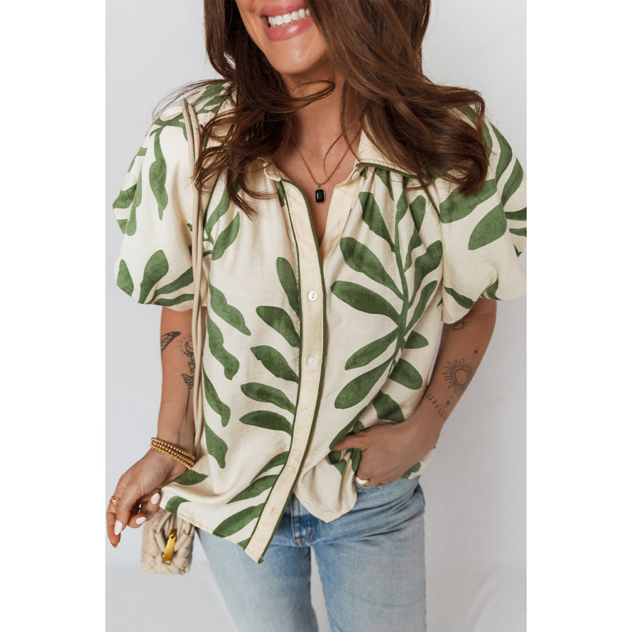Green Leaf Print Short Balloon Sleeve Shirt Tops/Blouses & Shirts
