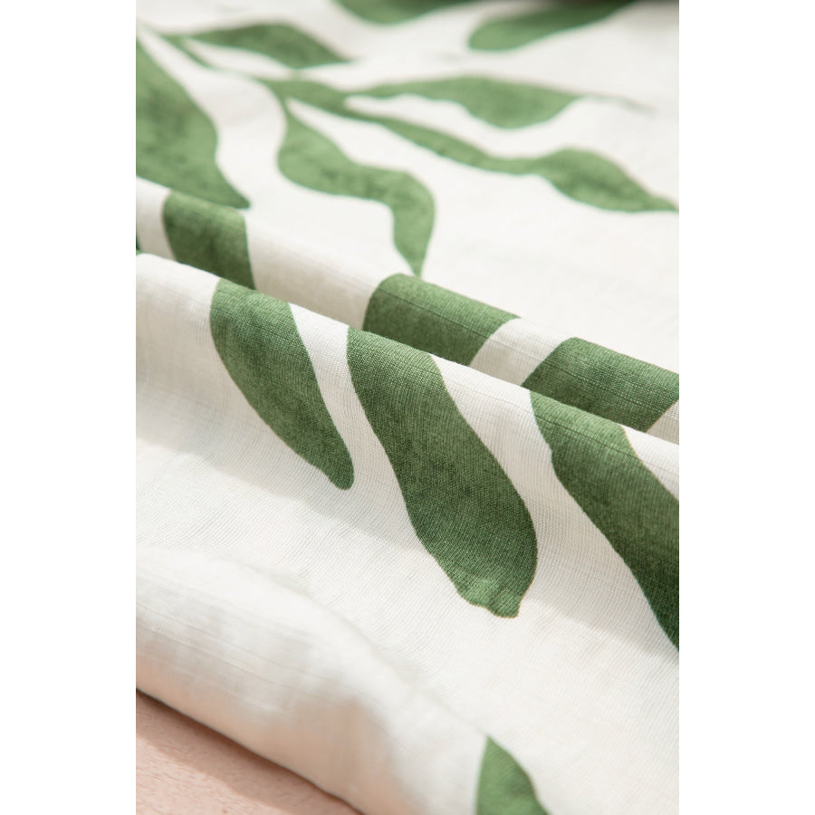 Green Leaf Print Short Balloon Sleeve Shirt Tops/Blouses & Shirts