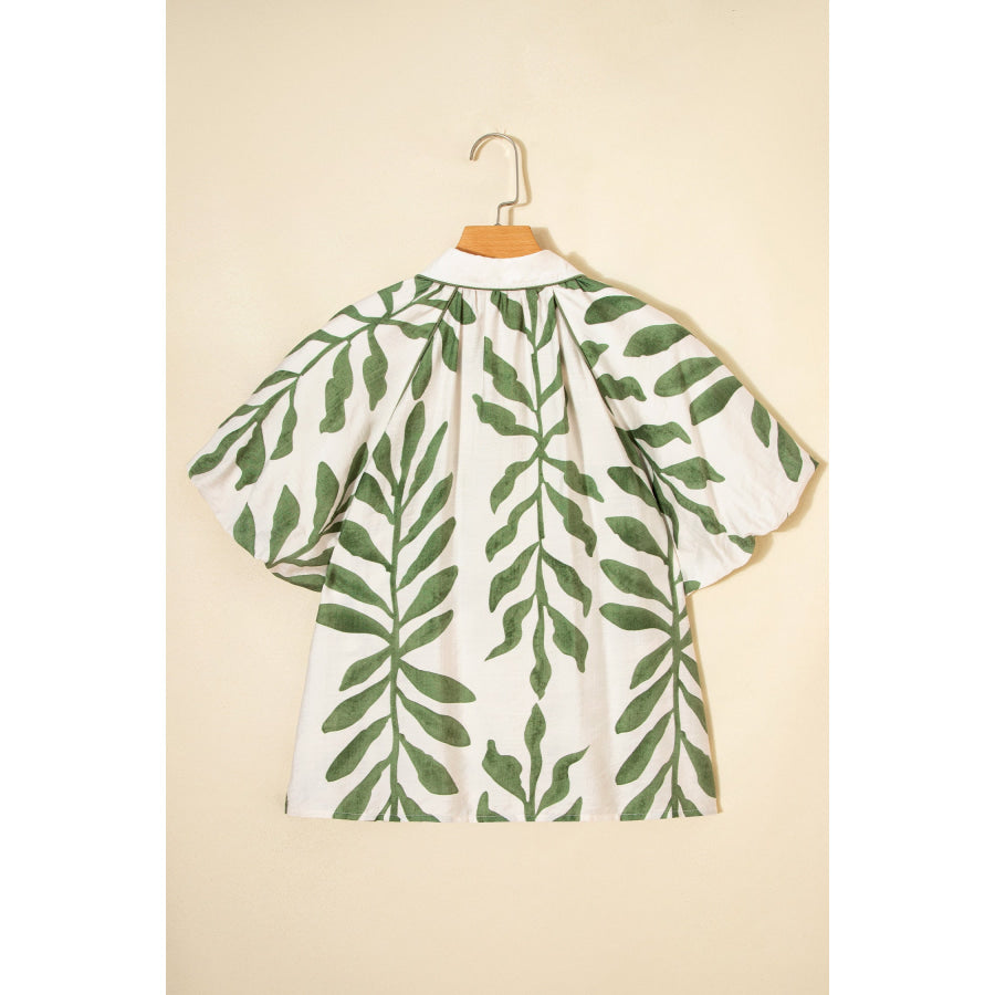 Green Leaf Print Short Balloon Sleeve Shirt Tops/Blouses & Shirts