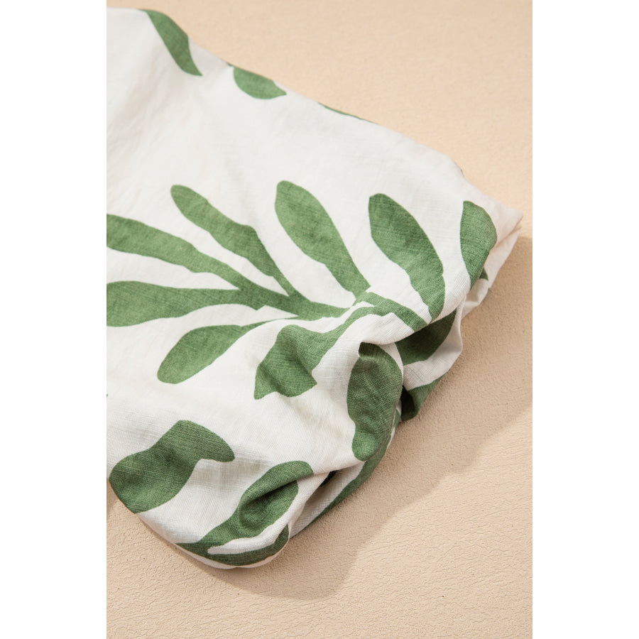 Green Leaf Print Short Balloon Sleeve Shirt Tops/Blouses & Shirts