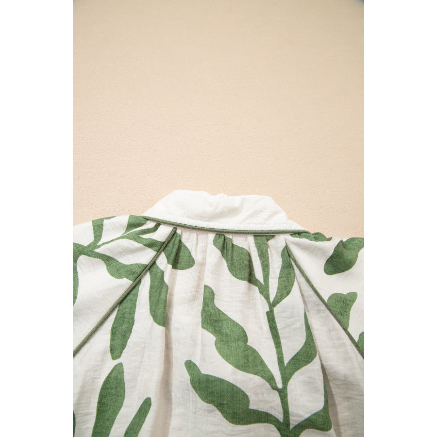 Green Leaf Print Short Balloon Sleeve Shirt Tops/Blouses & Shirts