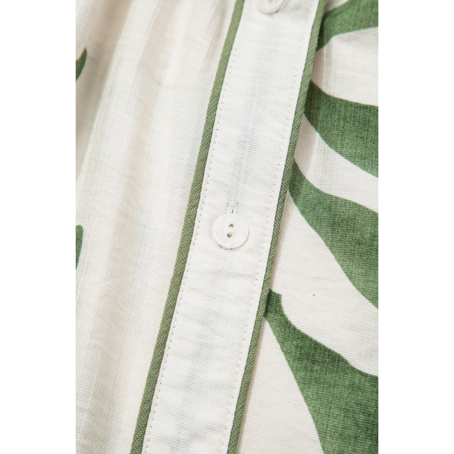 Green Leaf Print Short Balloon Sleeve Shirt Tops/Blouses & Shirts