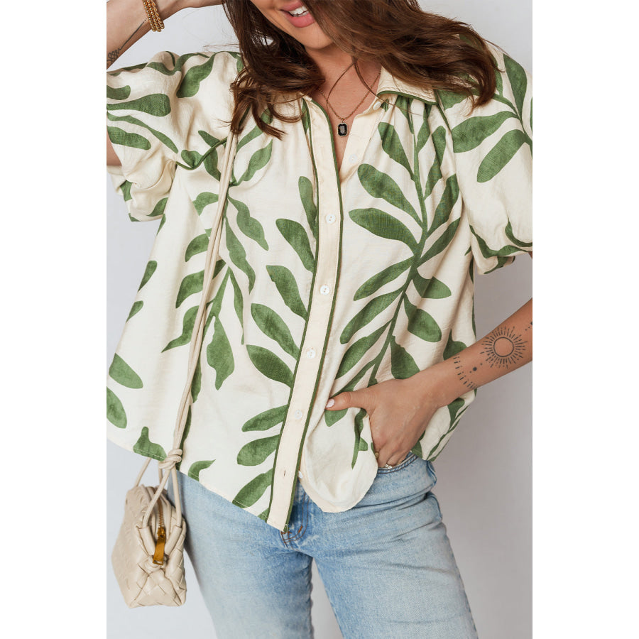 Green Leaf Print Short Balloon Sleeve Shirt Tops/Blouses & Shirts