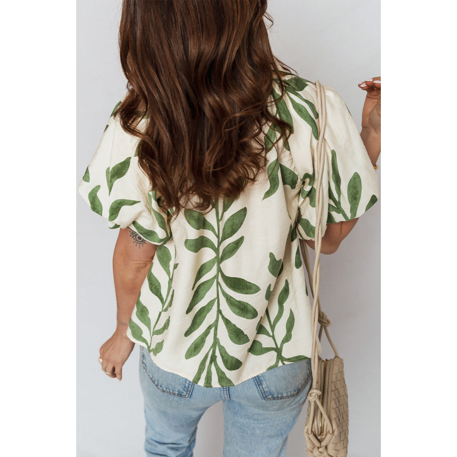 Green Leaf Print Short Balloon Sleeve Shirt Tops/Blouses & Shirts