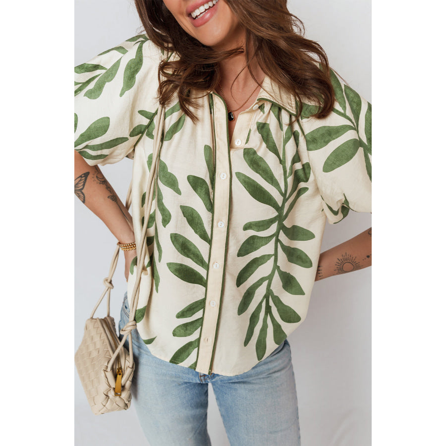 Green Leaf Print Short Balloon Sleeve Shirt Tops/Blouses & Shirts