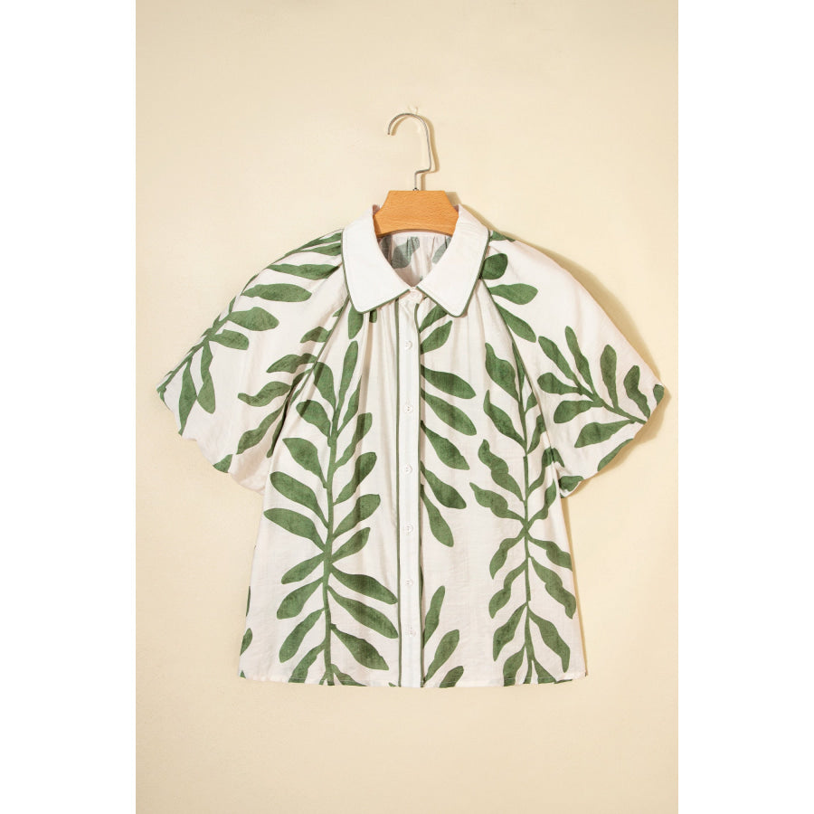 Green Leaf Print Short Balloon Sleeve Shirt Tops/Blouses & Shirts