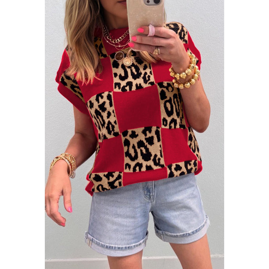 Green Leopard Checkerboard Short Sleeve Knit Sweater Red / S / 52% Viscose + 26% Polyester + 22% Polyamide Sweaters & Cardigans/Short