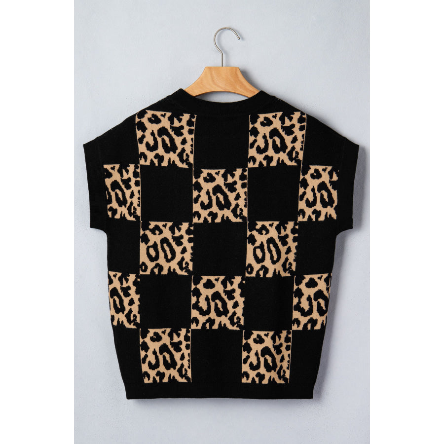 Green Leopard Checkerboard Short Sleeve Knit Sweater Sweaters & Cardigans/Short Sleeve Sweaters
