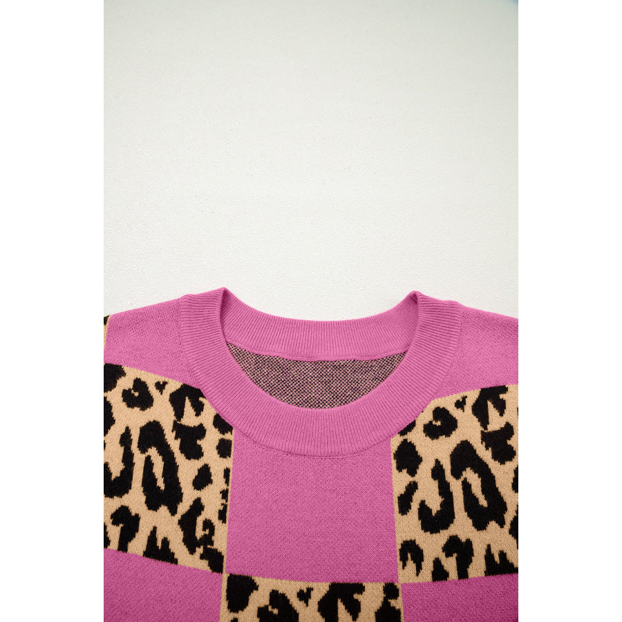 Green Leopard Checkerboard Short Sleeve Knit Sweater Sweaters & Cardigans/Short Sleeve Sweaters