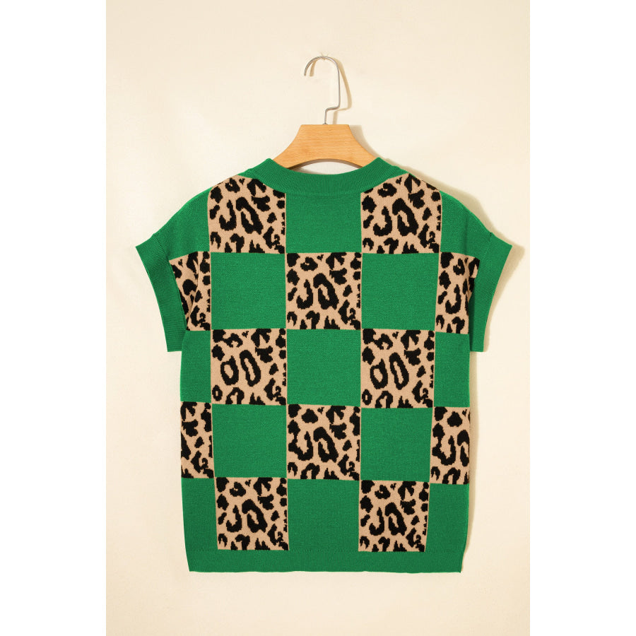Green Leopard Checkerboard Short Sleeve Knit Sweater Sweaters & Cardigans/Short Sleeve Sweaters