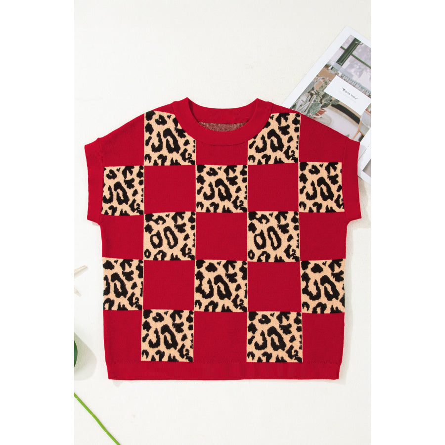 Green Leopard Checkerboard Short Sleeve Knit Sweater Sweaters & Cardigans/Short Sleeve Sweaters