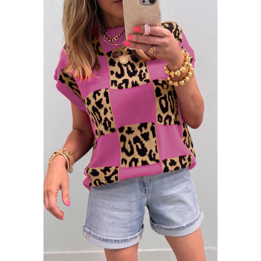 Green Leopard Checkerboard Short Sleeve Knit Sweater Sweaters & Cardigans/Short Sleeve Sweaters