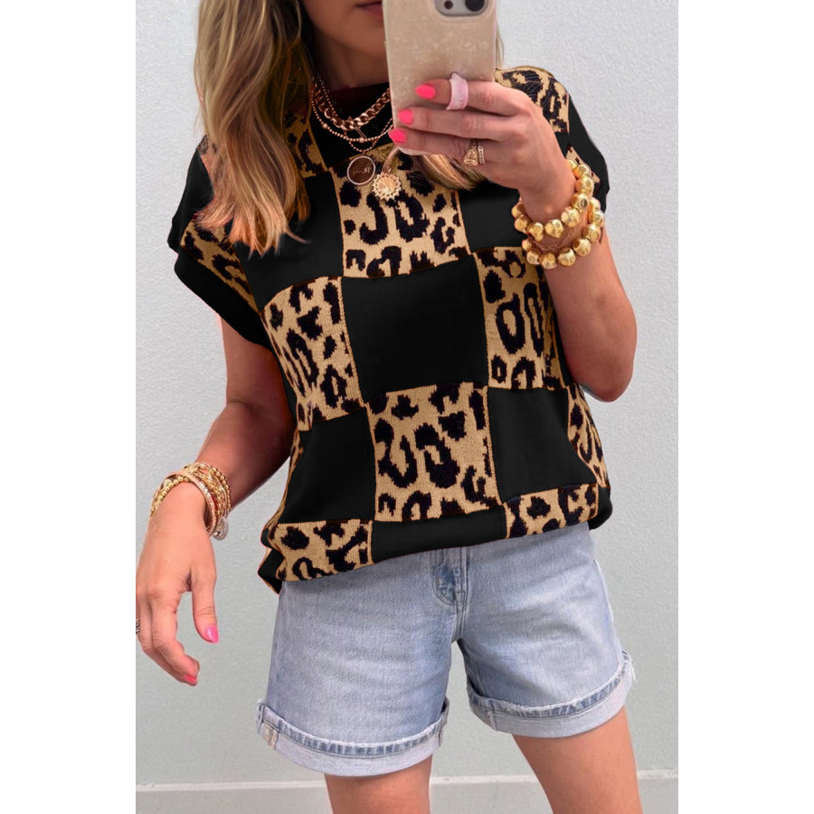 Green Leopard Checkerboard Short Sleeve Knit Sweater Sweaters & Cardigans/Short Sleeve Sweaters