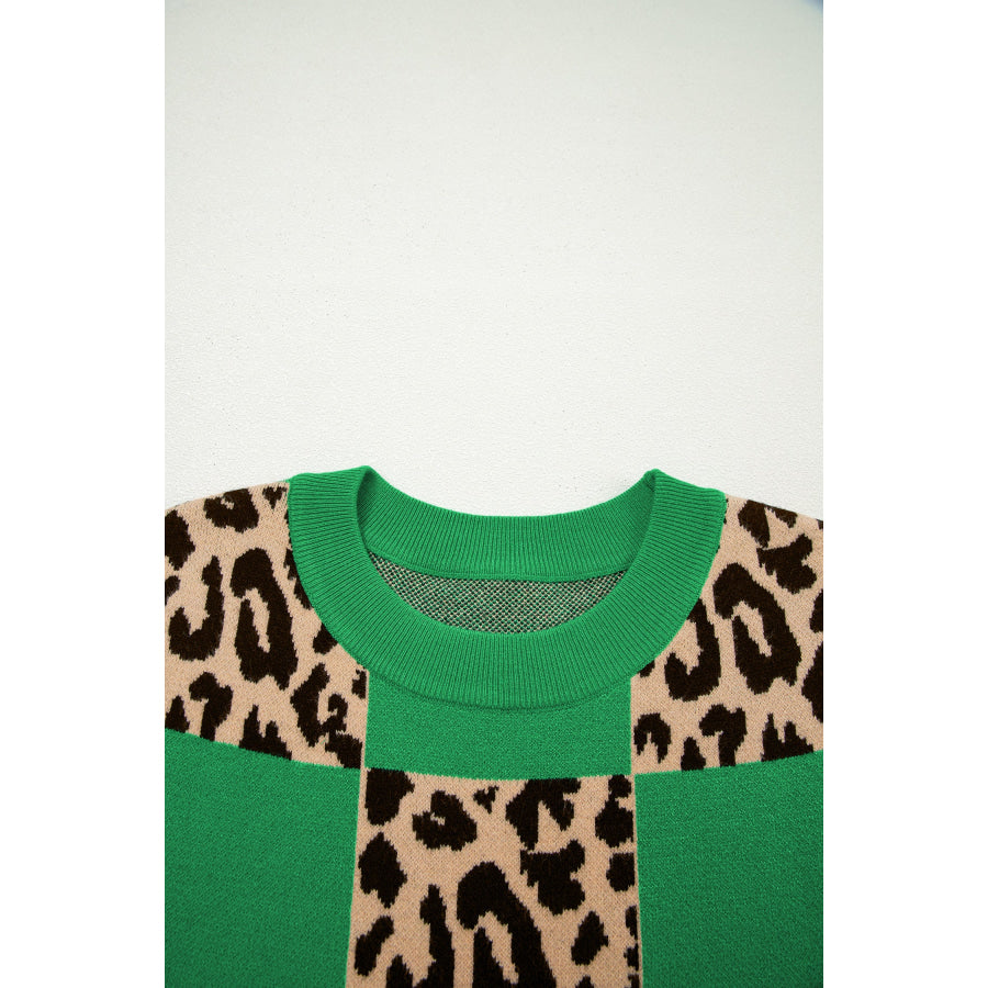 Green Leopard Checkerboard Short Sleeve Knit Sweater Sweaters & Cardigans/Short Sleeve Sweaters