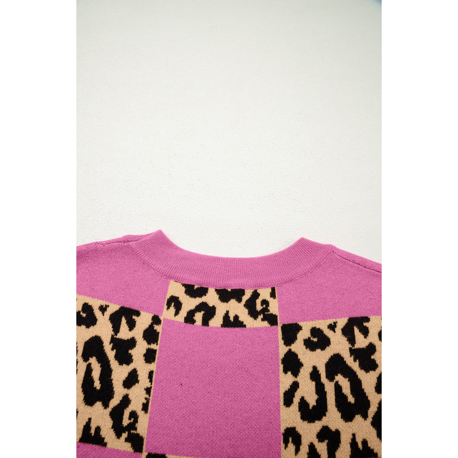Green Leopard Checkerboard Short Sleeve Knit Sweater Sweaters & Cardigans/Short Sleeve Sweaters