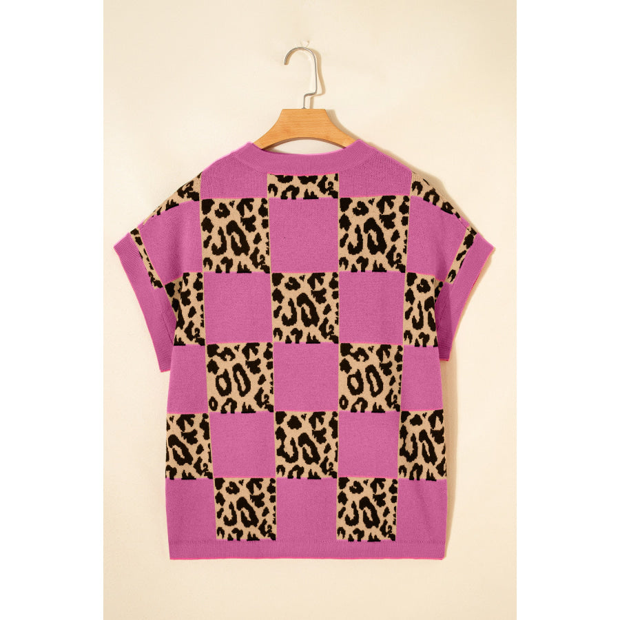 Green Leopard Checkerboard Short Sleeve Knit Sweater Sweaters & Cardigans/Short Sleeve Sweaters