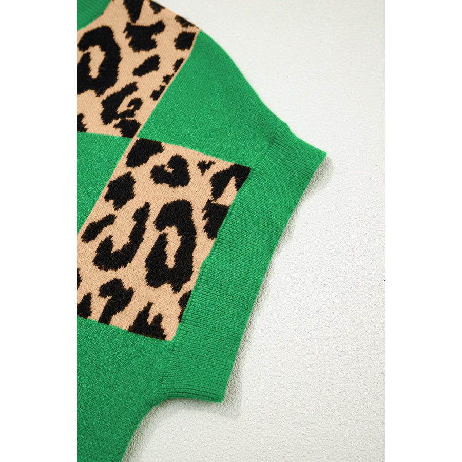 Green Leopard Checkerboard Short Sleeve Knit Sweater Sweaters & Cardigans/Short Sleeve Sweaters