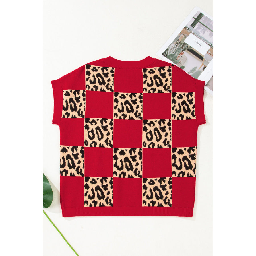 Green Leopard Checkerboard Short Sleeve Knit Sweater Sweaters & Cardigans/Short Sleeve Sweaters