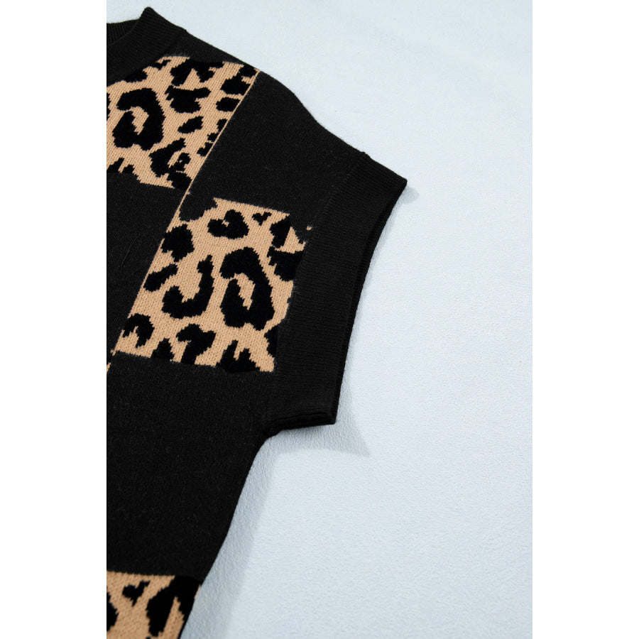 Green Leopard Checkerboard Short Sleeve Knit Sweater Sweaters & Cardigans/Short Sleeve Sweaters