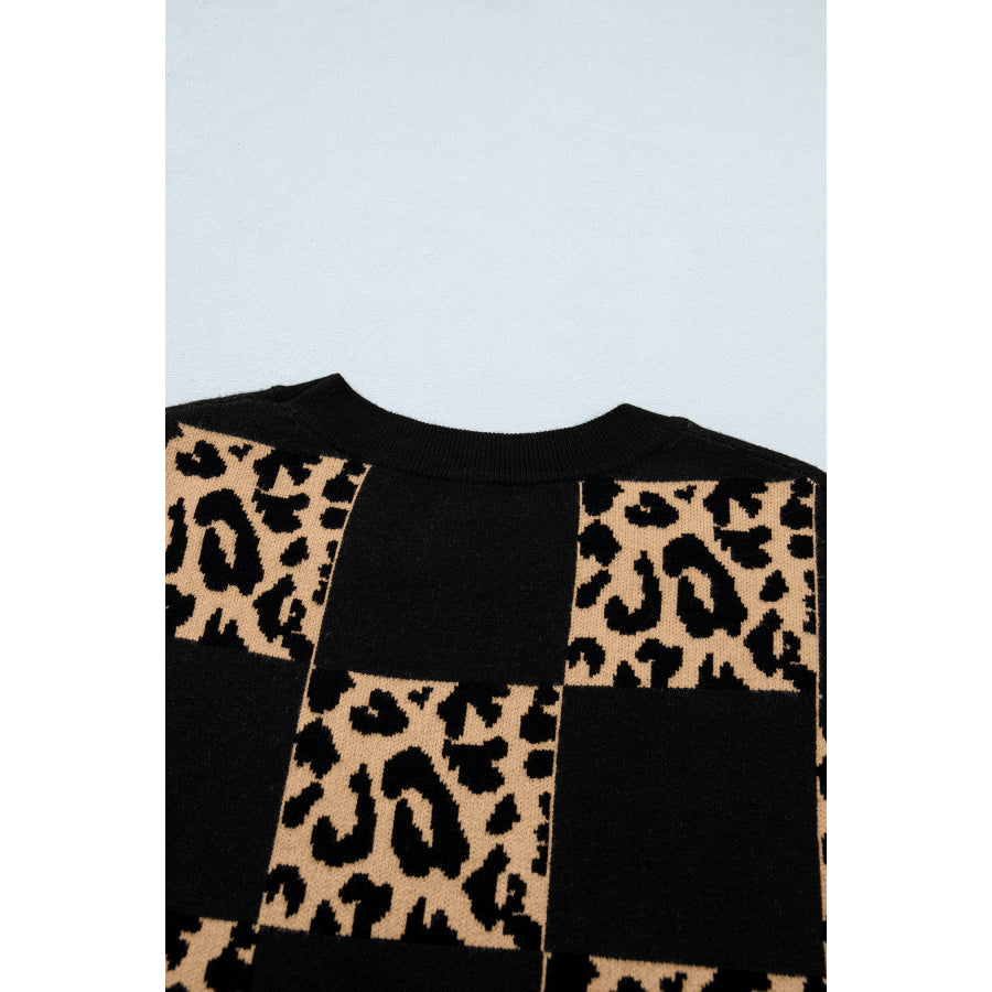 Green Leopard Checkerboard Short Sleeve Knit Sweater Sweaters & Cardigans/Short Sleeve Sweaters