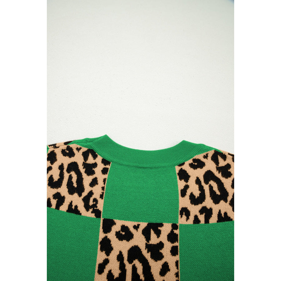 Green Leopard Checkerboard Short Sleeve Knit Sweater Sweaters & Cardigans/Short Sleeve Sweaters