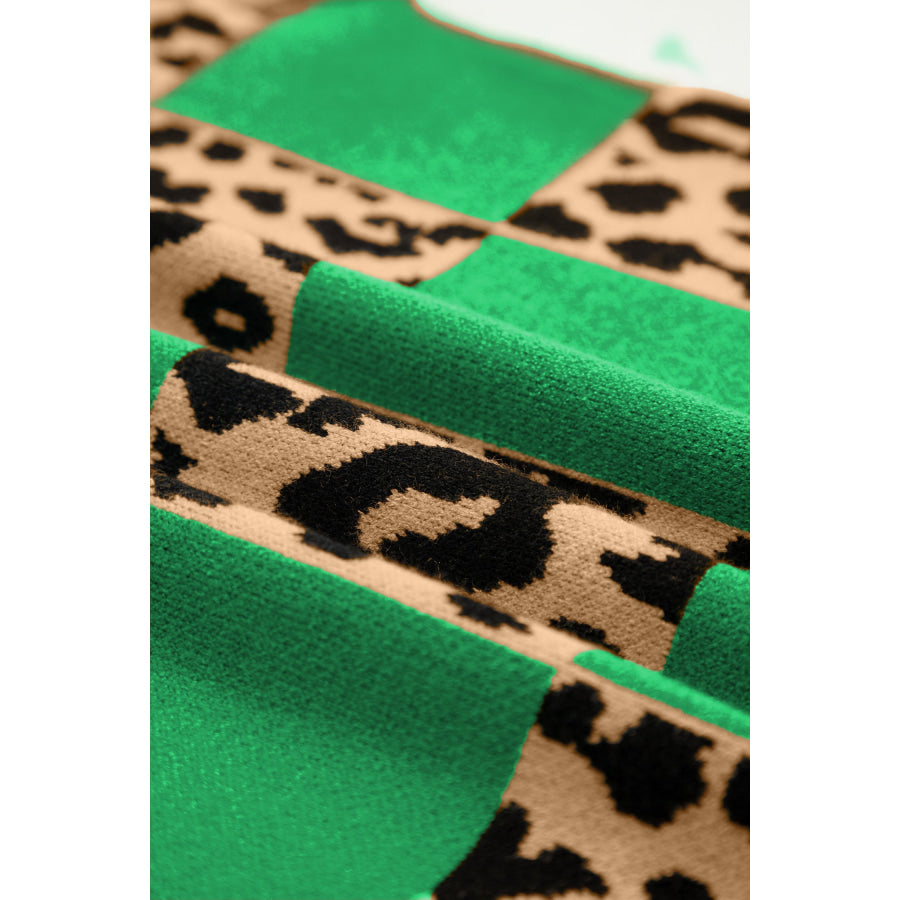 Green Leopard Checkerboard Short Sleeve Knit Sweater Sweaters & Cardigans/Short Sleeve Sweaters