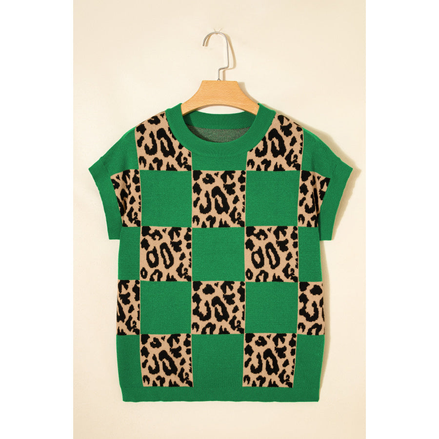 Green Leopard Checkerboard Short Sleeve Knit Sweater Sweaters & Cardigans/Short Sleeve Sweaters