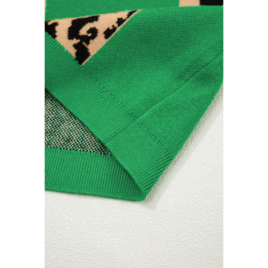 Green Leopard Checkerboard Short Sleeve Knit Sweater Sweaters & Cardigans/Short Sleeve Sweaters