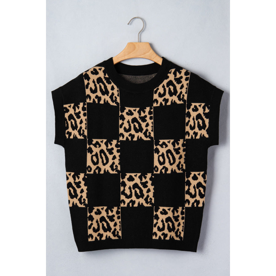 Green Leopard Checkerboard Short Sleeve Knit Sweater Sweaters & Cardigans/Short Sleeve Sweaters