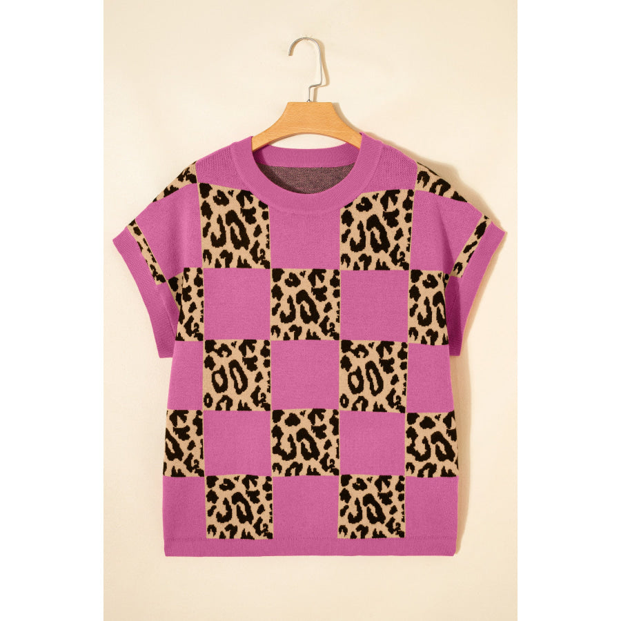 Green Leopard Checkerboard Short Sleeve Knit Sweater Sweaters & Cardigans/Short Sleeve Sweaters
