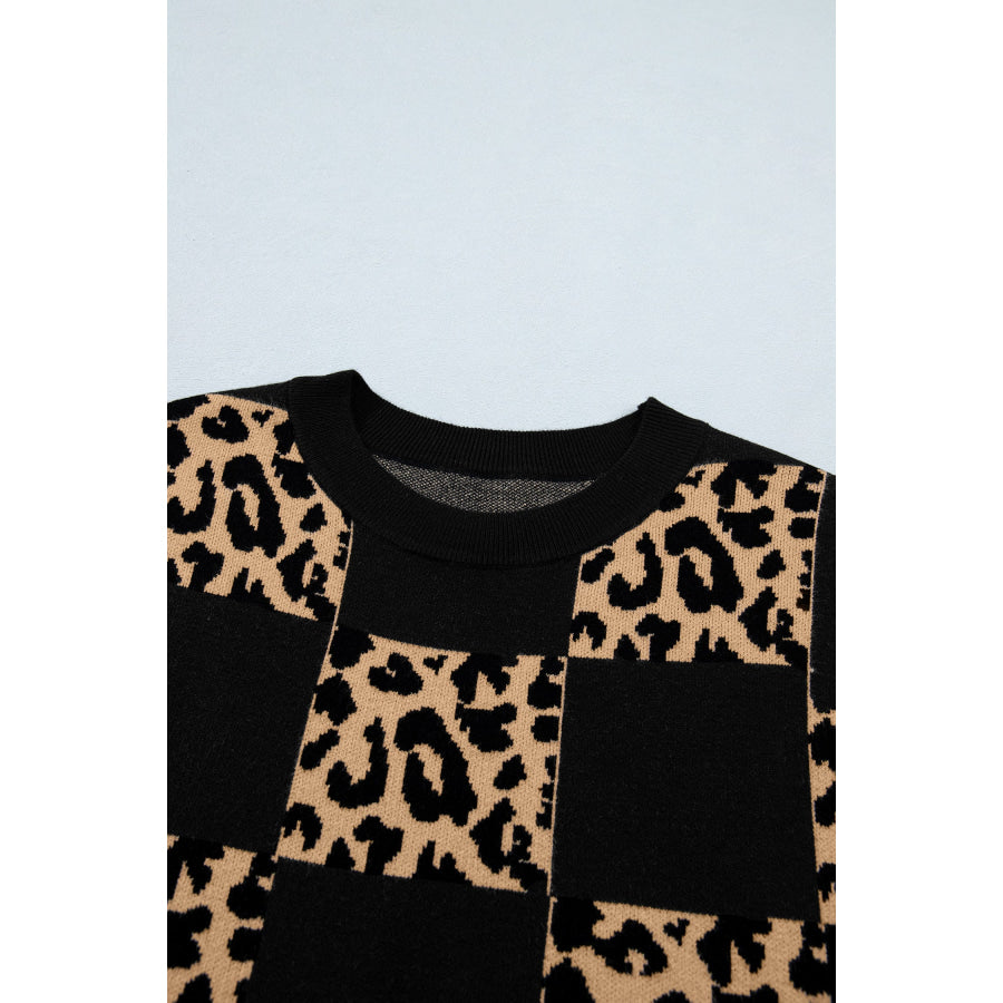 Green Leopard Checkerboard Short Sleeve Knit Sweater Sweaters & Cardigans/Short Sleeve Sweaters