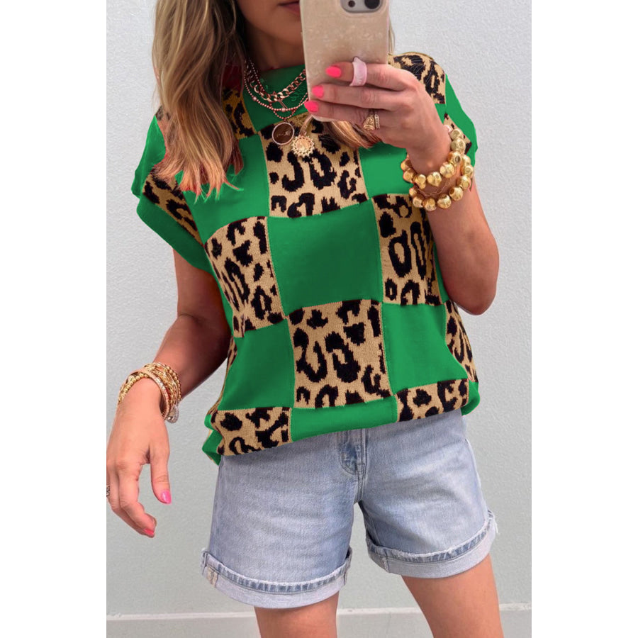 Green Leopard Checkerboard Short Sleeve Knit Sweater Sweaters & Cardigans/Short Sleeve Sweaters
