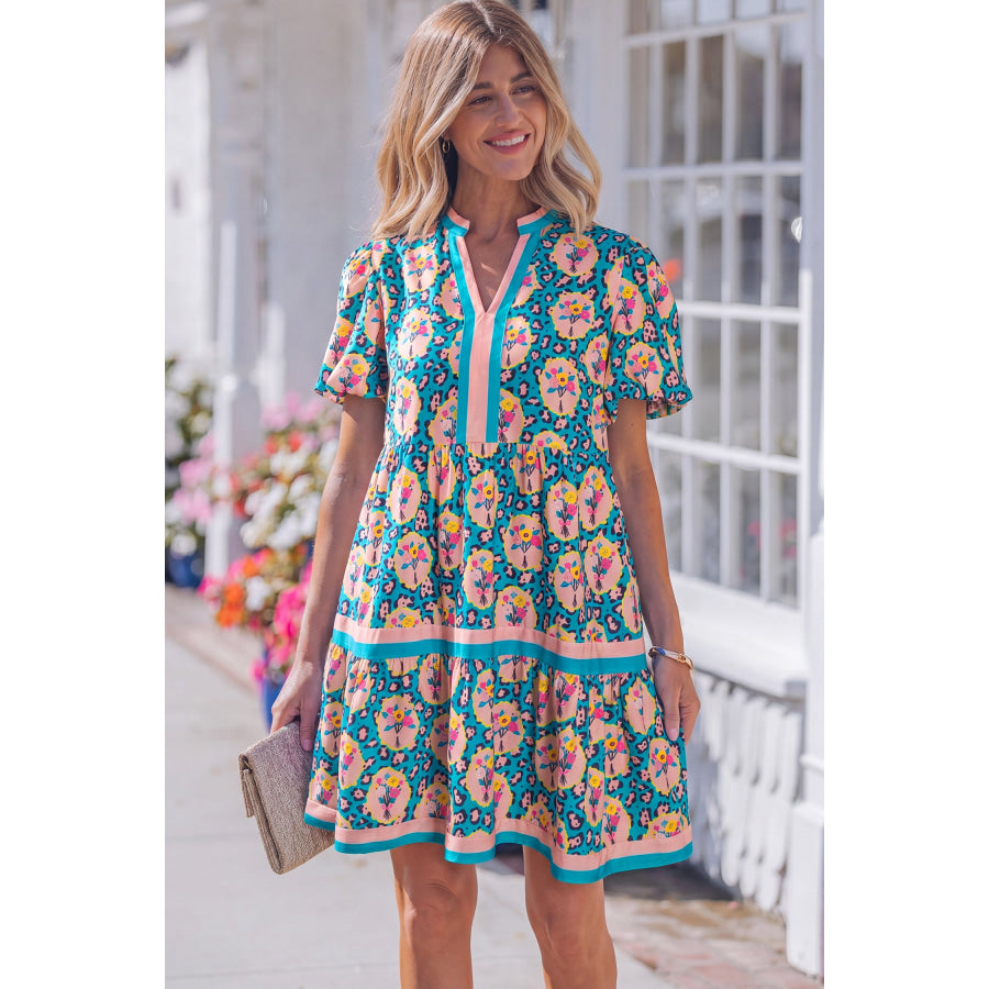Green Leopard Floral Short Dress Dresses/Floral Dresses
