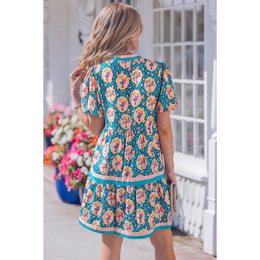 Green Leopard Floral Short Dress Dresses/Floral Dresses
