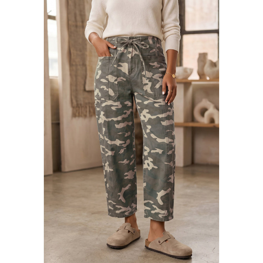 Green Leopard Printed Drawstring Elastic Waistband Pocketed Barrel Jeans Bottoms/Jeans