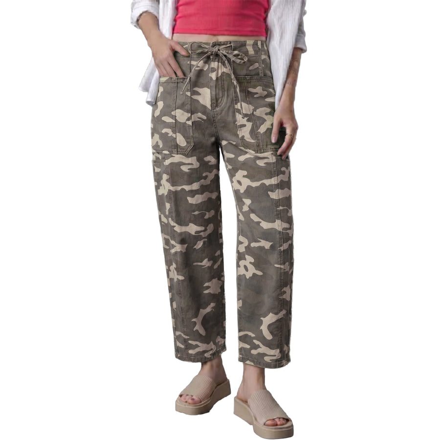 Green Leopard Printed Drawstring Elastic Waistband Pocketed Barrel Jeans Bottoms/Jeans