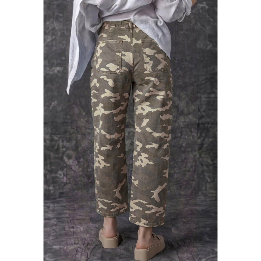 Green Leopard Printed Drawstring Elastic Waistband Pocketed Barrel Jeans Green / S / 65% Cotton + 33% Polyester + 2% Elastane Bottoms/Jeans
